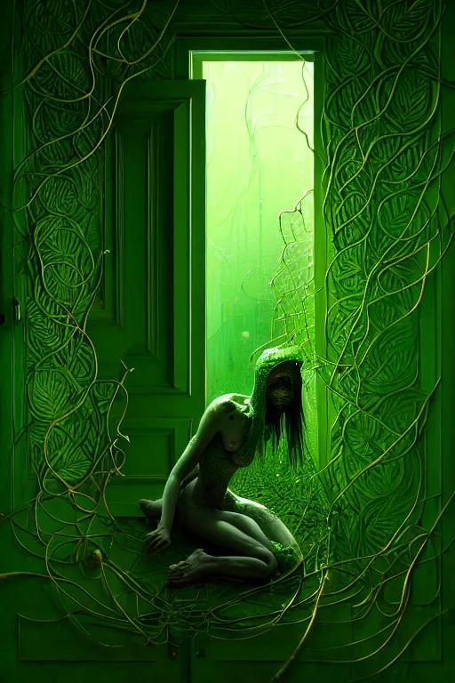 Image similar to detailed painting of person made of green vines opening a door, plants, horror, gritty, elegant, luxury, by ismail inceoglu dragan bibin hans thoma greg rutkowski alexandros pyromallis nekro rene maritte illustrated, perfect face, fine details, realistic shaded