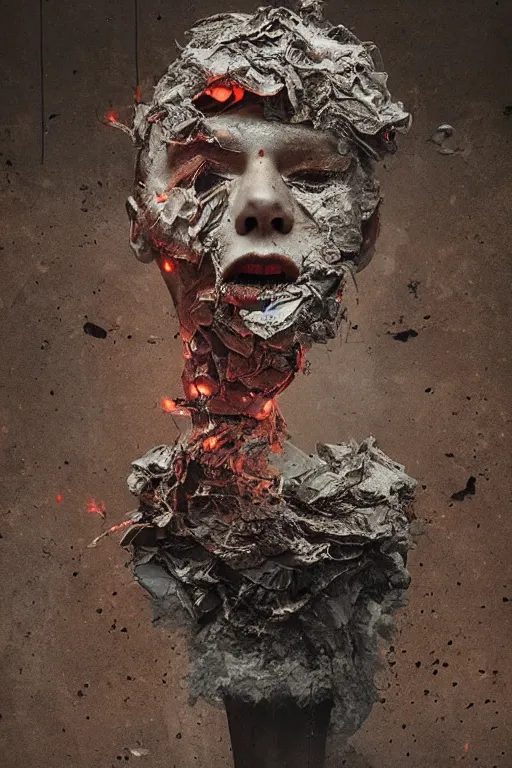 Image similar to a dark morbid portrait of an exploding human head made from antique paper, dry and dusty faling apart, intricate, cinematic lighting, surreal photography, simon stalenhag