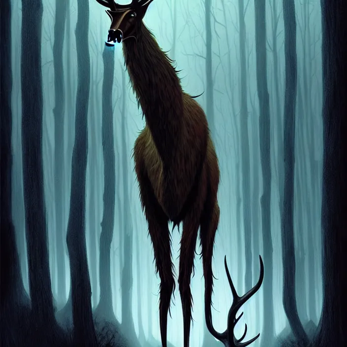 Prompt: rafeal albuquerque comic art, joshua middleton, tim jacobus, artgerm : : wendigo monster with deer skull face, antlers, furry body, tall and lanky : : walking through the forest : : night time : : spooky, scary, fog