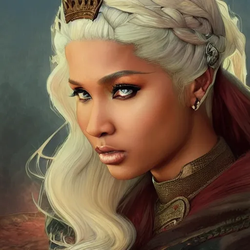 Prompt: nicki minaj in game of thrones, highly detailed digital painting, artstation, concept art, smooth, sharp focus, illustration, art by artgerm and greg rutkowski and alphonse mucha