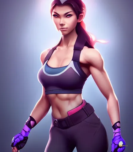 Image similar to beautiful portrait of a gorgeous personal trainer who looks like Widowmaker , character design by charlie bowater, ross tran, artgerm, and makoto shinkai, detailed, soft lighting, rendered in octane