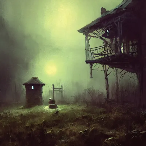 Prompt: an old well, old house in background, horror, dramatic lighting, lovecratian, painted by raymond swanland, painted by greg rutkowski, painted by jeremy mann, painted by artgerm, painted by igor kieryluk, trending on artstation