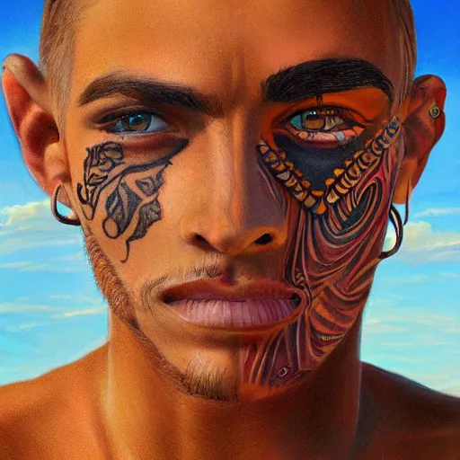 Image similar to a detailed portrait of a tan boy with a face tattoo in the desert, fantasy art illustration, incredibly highly detailed and realistic, 8 k, sharp focus