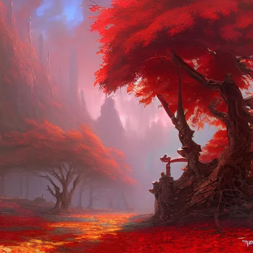 Prompt: red autumn forests with a single giant derelict copper warrior statue, fantasy concept art by tyler edlin, antoine blanchard, thomas cole