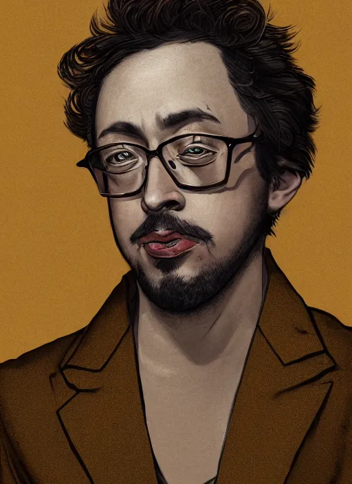 Image similar to Sam Hyde in gold suit, sigma male, accurately portrayed, portrait art by Hokusai, highly detailed, digital painting, concept art, illustration, dim lighting with twilight rays of sunlight, trending on artstation, very detailed, smooth, sharp focus, octane render, close up