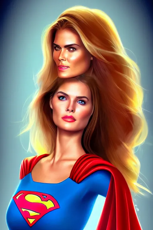 Image similar to portrait of a mix of beautiful young maria shriver, mariel hemmingway, brooke shields and elle macpherson as supergirl, thin lips, hair tied up in a pony tail, colorful artstation, cgsociety