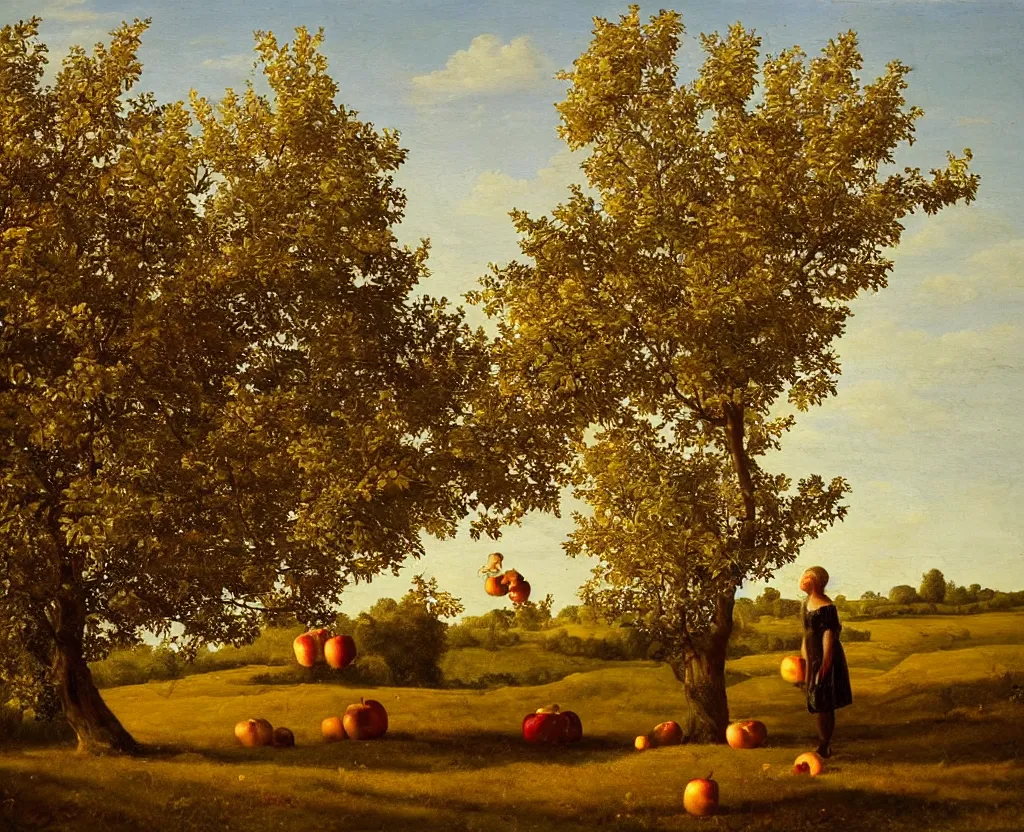 Prompt: Apple harvester stands on the side of an apple tree, classical painting, symmetrical, realism, golden hour