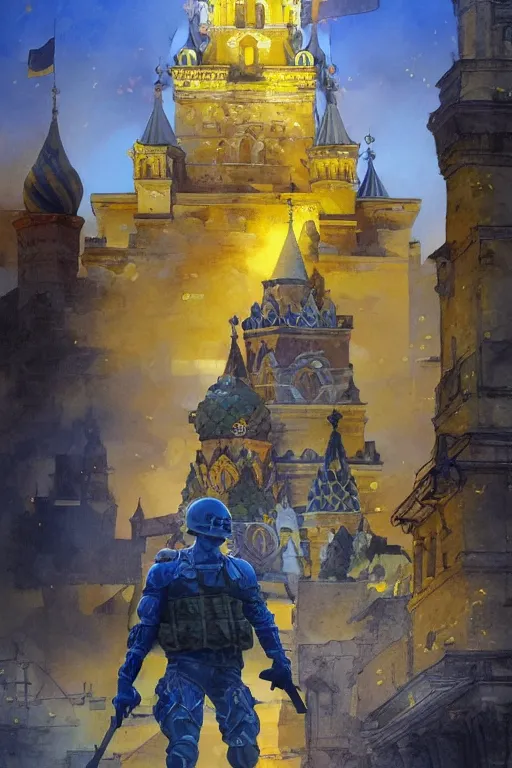 Image similar to special forces soldier installin ukrainian blue and yellow flag on red square kremlin, masculine figure, d & d, fantasy, bright atmosphere, volumetric lights, intricate, elegant, extremely detailed, digital painting, artstation, concept art, matte, smooth, sharp focus, hyper realistic, illustration, art by artgerm and greg rutkowski and alphonse mucha