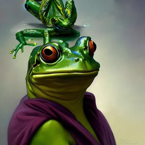 Prompt: oil painting portrait of green anthropomorphic frog wearing a lilac silk gown, highly detailed, digital painting, artstation, concept art, sharp focus, illustration, art by leyendecker and greg rutkowski and alphonse mucha