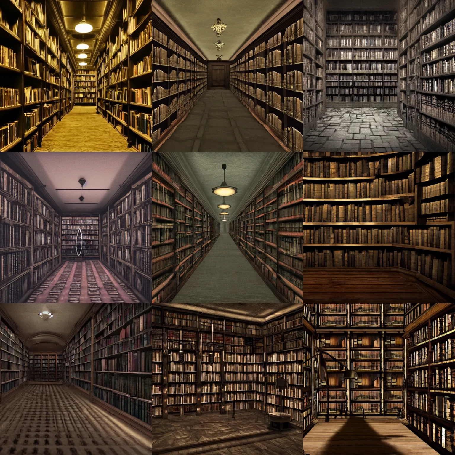 Prompt: dark library, shelves filled with books, atmospheric, dark, gloomy, terror, horror, shadows, dark, creepy, oppressive, Unreal Engine