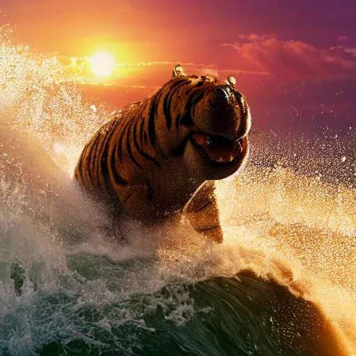 Image similar to a closeup photorealistic photograph of a large knitted tiger hippopotamus riding a large wave during sunset. surf in the background. professional capture. brightly lit scene. this 4 k hd image is trending on artstation, featured on behance, well - rendered, extra crisp, features intricate detail, epic composition and the style of unreal engine.