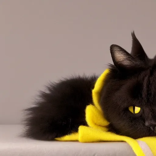 Prompt: Black cat with very puffy fur. The cat looks very soft and cuddly, and seems to be enjoying a good nap. The background is a warm, light brown color, and the cat's fur is a similar shade. The overall effect is very calming and serene. Yellow solid background. Pixar Style