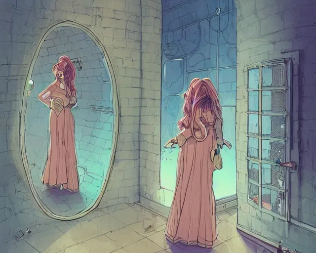 Image similar to a cell shaded cartoon of a girl in dress looking at the mirror to another world dimension, illustration, subtle colors, post grunge, concept art by josan gonzales and wlop, by james jean, victo ngai, david rubin, mike mignola, laurie greasley, highly detailed, sharp focus, alien, trending on artstation, hq, deviantart, art by artgem