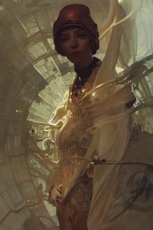 Image similar to A full portrait of a scifi tech priest, intricate, elegant, highly detailed, digital painting, artstation, concept art, smooth, sharp focus, illustration, art by Krenz Cushart and Artem Demura and alphonse mucha