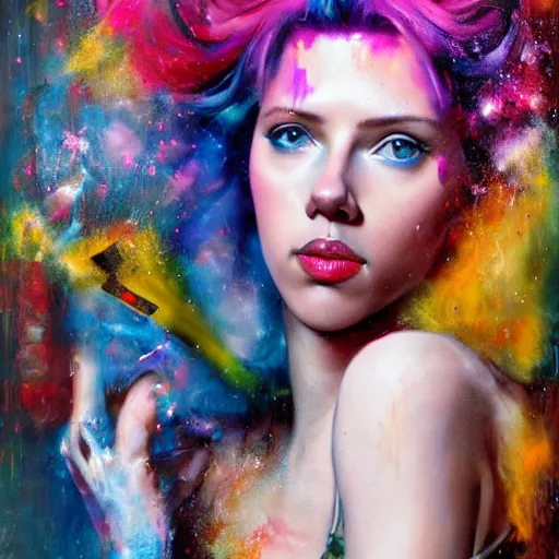 Prompt: young scarlett johansson as delirium from sandman, ( hallucinating colorful soap bubbles ), by jeremy mann, by sandra chevrier, by jean giraud and richard avedon, punk rock, tank girl, high detailed, 8 k