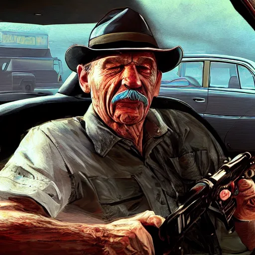 Image similar to highly detailed old man in car holding gun gta v art,, fantasy art by stephen bliss