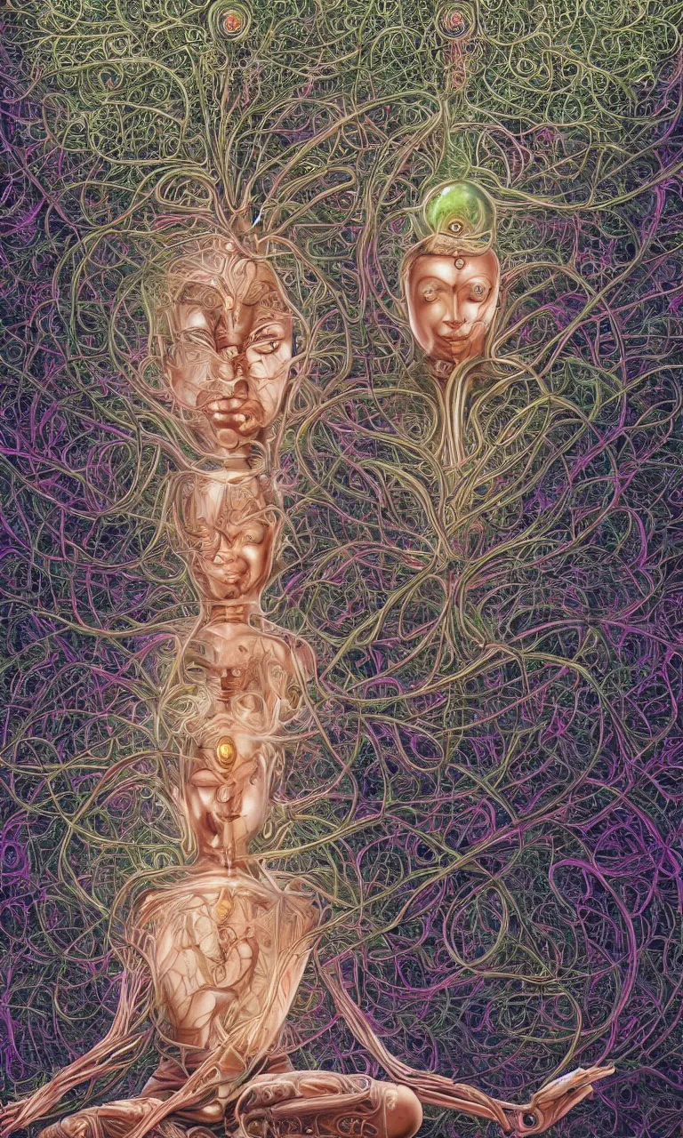 Prompt: perfectly centered, symmetrical, front view of a beautiful biomechanical buddha meditating under a tree of fractal consciousness, alien, robotic, female, flowing hair, intense stare, sarcastic smile, concept art, intricate detail, volumetric shadows and lighting, realistic oil painting by alex grey,