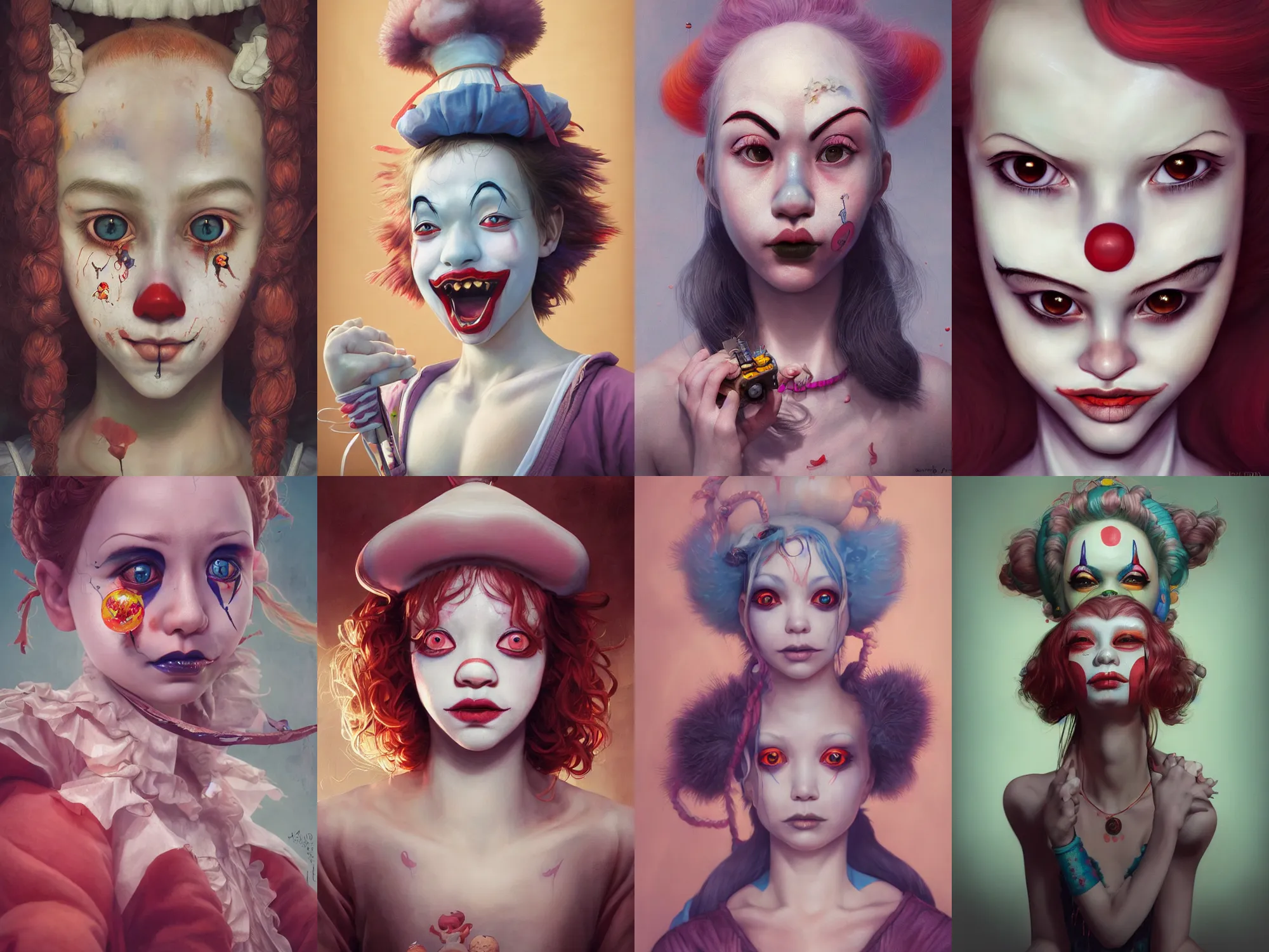 Image similar to breathtaking detailed painting of clown girl , with anxious, piercing eyes, Atari game cover art by Hsiao-Ron Cheng, James jean, Miho Hirano, Hayao Miyazaki, extremely moody lighting, hyperrealistic, octane render, RPG portrait, ambient light, dynamic lighting