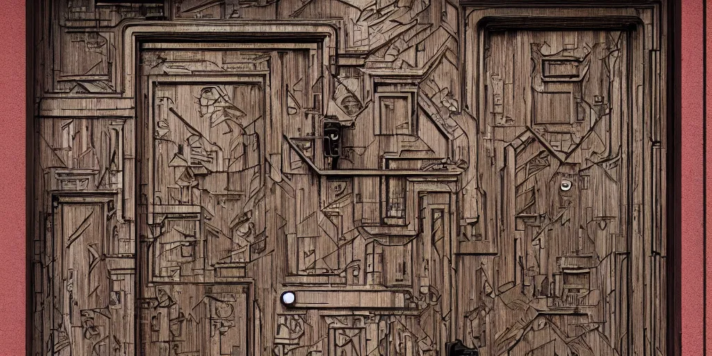 Prompt: photo of a wooden door with engravings on a city street in modern new york. architecture. trending on artstation. cgsociety. art by greg rutkowski and moebius.