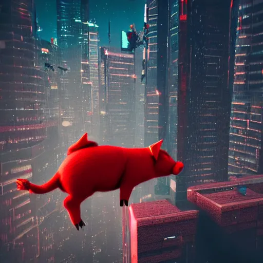 Image similar to pig in a red sweater flying in a cyberpunk city