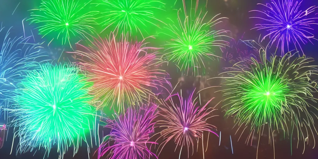 Image similar to muted rgb fireworks bursting in the sky form patterns to look like baby yoda but they're fireworks. 8 k, 4 k, hq, 3 d render, digital art, dramatic lighting, comedy, science fiction, hyper realistic, ultra detailed.