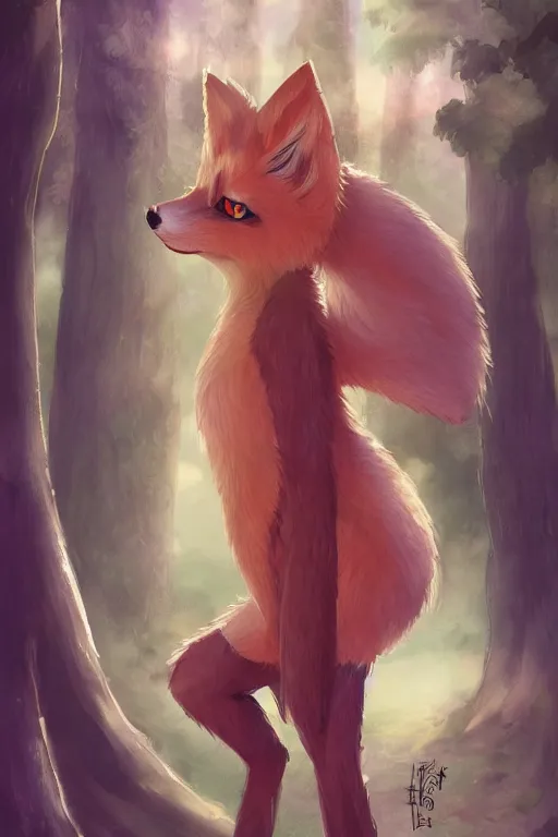 Image similar to an anthropomorphic medieval fox with a fluffy tail in the forest, trending on artstation, trending on furaffinity, digital art, by kawacy, anime, furry art, warm light, backlighting