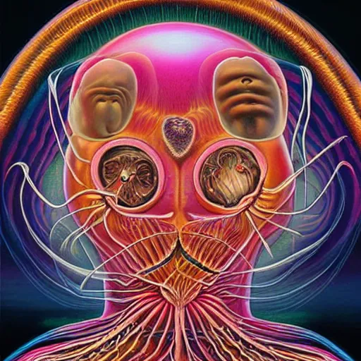 Image similar to album cover featuring a pair of human jellyfish head with a heart shape in the middle of it, an oil painting by Alex Grey, by Earnst Haeckel, by Nychos featured on zbrush central, psychedelic art, lovecraftian, fractalism, airbrush, pastel pinks and blues