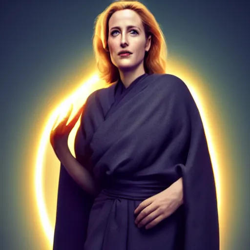 Prompt: Gillian Anderson wearing monk robes holding a glowing orb. Trending on Artstation, octane render, ultra detailed, art by Ross tran
