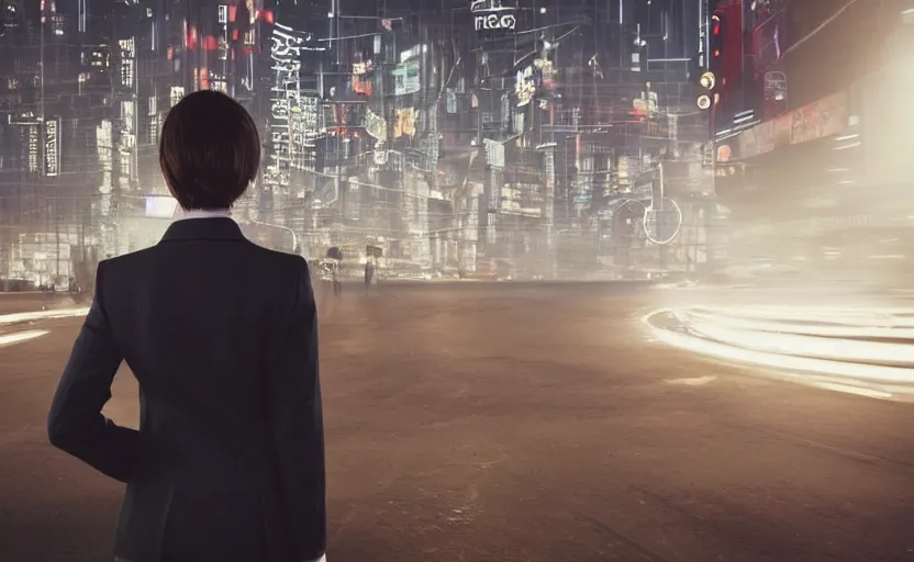 Prompt: a wide shot of a woman with a wool suit, very short hair, blurred face, wearing an omega speedmaster on her wrist in front of a crowded dystopian city full of people walking at night with fog and cyberpunk lights