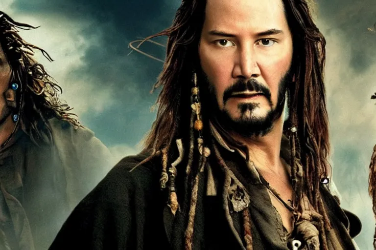 Image similar to promotional image of Keanu Reeves as a pirate in Pirates of the Caribbean: The Curse of the Black Pearl (2003 film), detailed face, movie still, promotional image, imax 70 mm footage