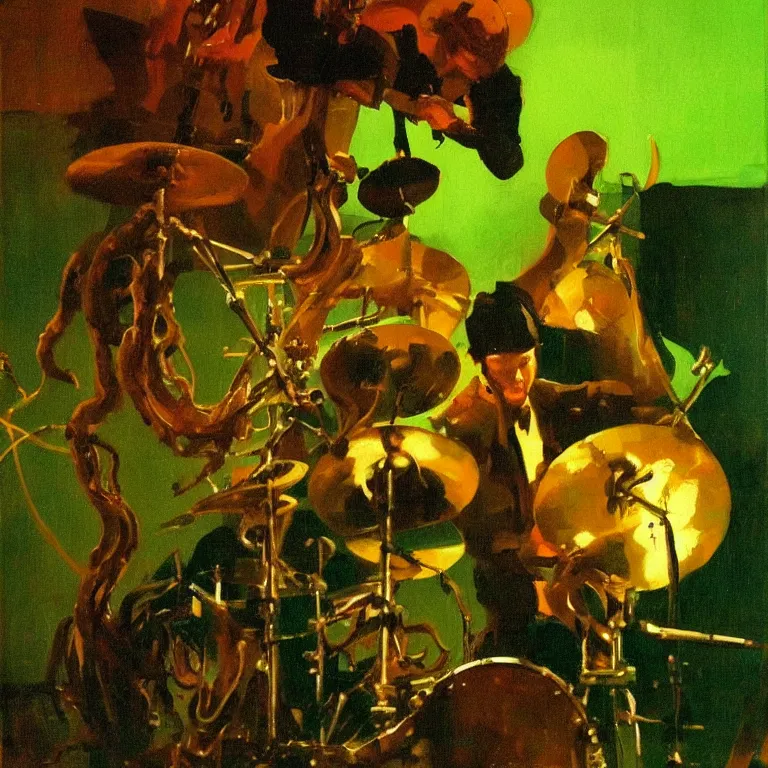 Image similar to a beautiful painting by mead schaeffer of an octopus playing drums and telecaster guitar in a rock concert, dark background, green concert light, dark mood