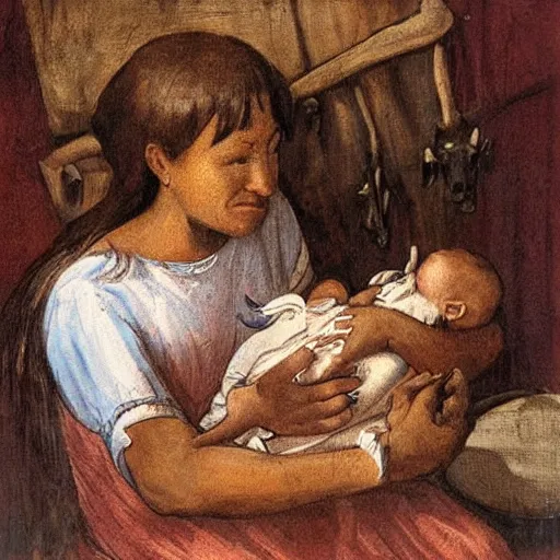 Prompt: human mother nursing a baby with cow teeth