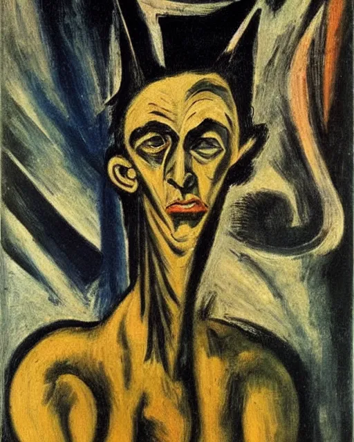 Image similar to Max Beckmann. El Greco. Van Gogh. Dali. Oil on canvas. Portrait of a demon.