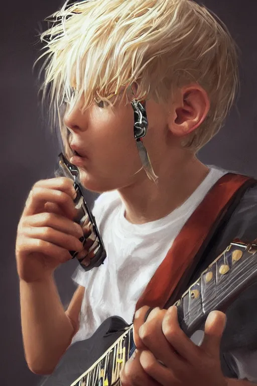 Image similar to blonde wild hair boy with eye - patch playing fender stratocaster, close - up portrait, plain white tshirt, powerfull, intricate, elegant, volumetric lighting, scenery, digital painting, highly detailed, artstation, sharp focus, illustration, concept art, ruan jia, steve mccurry