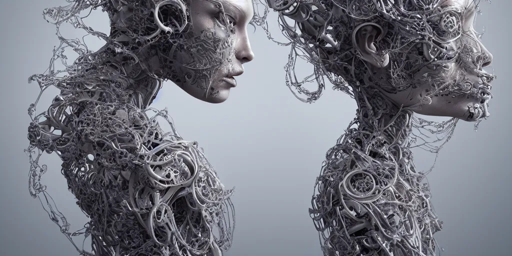 Image similar to photorealistic gorgeous symmetrical female cyborg, spreading threads, tendrils, ribbon highly detailed, arms stretched, knees together, intricate, exuberant filigree, in the style of beth cavener, jin kagetsu, wlop, masterpiece, concept art, high key lighting, ambient lighting, octane render, 8 k, artstation