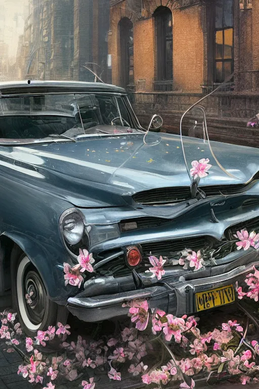 Image similar to ultra realistic illustration, old vintage car in the city with flowers blooming out the window, elegant, highly detailed, digital painting, concept art, smooth, sharp focus, illustration, art by greg rutkowski