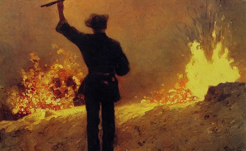 Prompt: high quality high detail painting by ilya repin man standing in front of huge explosion hd