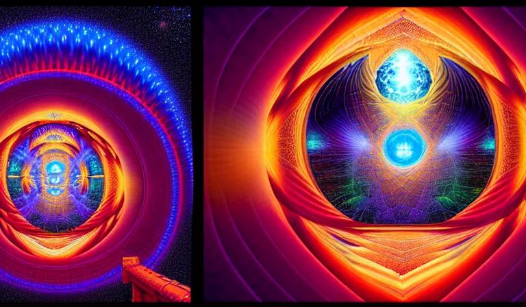 Prompt: an expansive octane redshift rendering of beautiful and complex interwoven timespace rift continuum portal fractal quantum by dan mumford, by jim fitzpatrick, by joe wilson, by jim burns, by victo ngai, by jacek yerka, featured on deviant art, trending on artstation