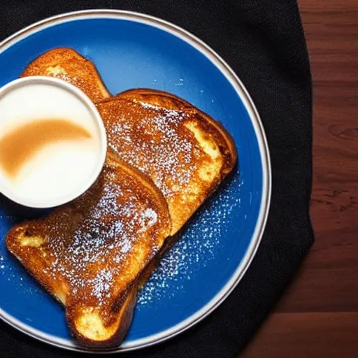 Image similar to French toast a cup of coffee with milk beside of the plate, Michelin star, award winning