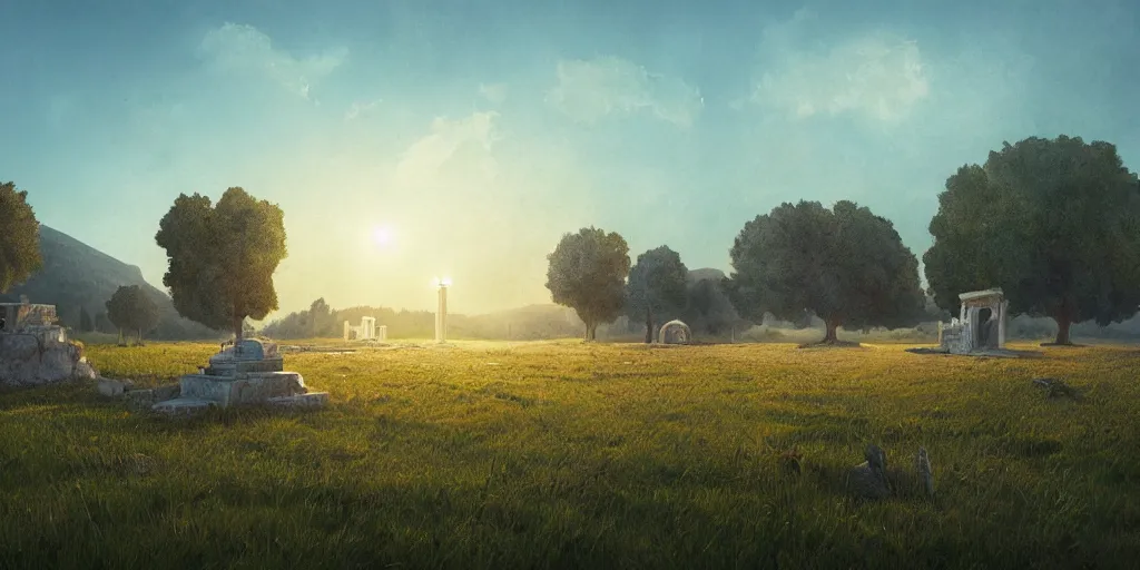 Prompt: a greek monument in an empty field in the countryside, bright sunny day, by donato gioncola and michal karcz and simon stalenhag sharp digital painting. dreaming latent space. matte painting, concept art. artstation. digital render.