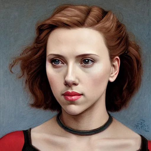 Prompt: headshot of scarlett johansson as eva in ex machina by william bouguereau and louis rhead