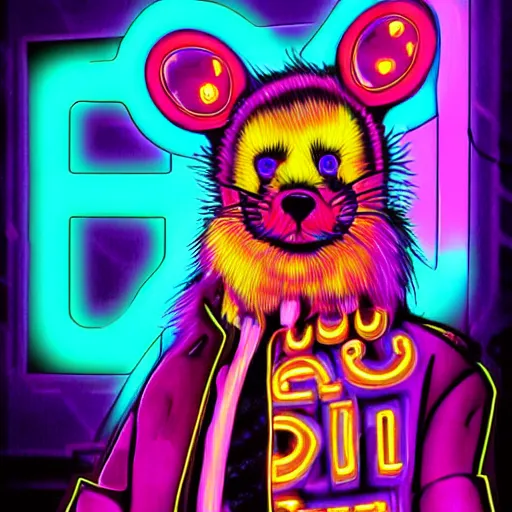 Prompt: beautiful furry art portrait digital art, vibrant neon commission of a furry anthro rat fursona wearing punk clothes in a cyberpunk city.