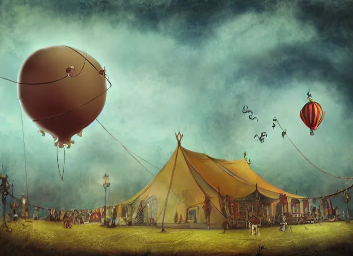 Image similar to octopus balloon flying over circus tent, lowbrow, matte painting in the style of alexander jansson,