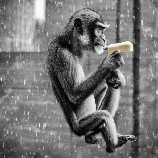 Image similar to sepia polaroid of a monkey eating a hot dog on a rooftop in the rain, hyper realistic, dark, gothic, nightcore, 4 k, highly detailed, beautifully rendered