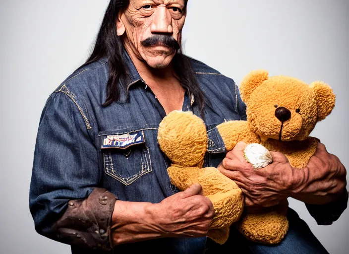 Image similar to photo still of danny trejo at the county fair!!!!!!!! at age 5 6 years old 5 6 years of age!!!!!!!! holding a teddy bear he won, 8 k, 8 5 mm f 1. 8, studio lighting, rim light, right side key light