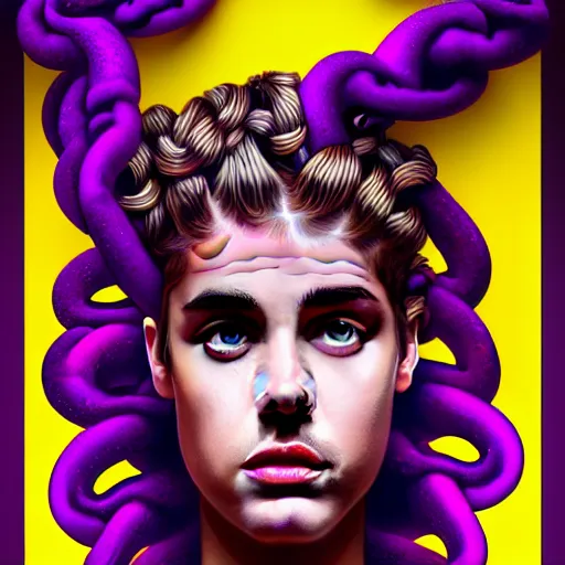 Image similar to an extremely psychedelic portrait of medusa as justin bieber, surreal, lsd, face, detailed, intricate, elegant, lithe, highly detailed, digital painting, artstation, concept art, smooth, sharp focus, illustration