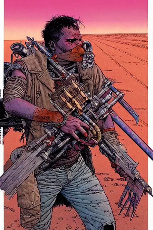 Image similar to ( ( ( ( ( madmax fury road cover art. muted colors. ) ) ) ) ) by mœbius!!!!!!!!!!!!!!!!!!!!!!!!!!!