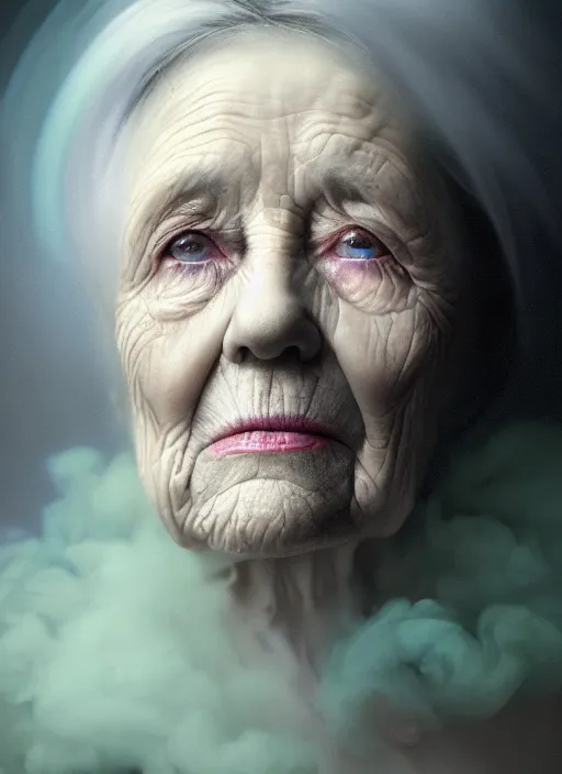 Image similar to an ethereal, misty portrait of an old woman whose face is accented with neon - toned glowing eyeliner. the makeup floats off her face and joins swirling clouds of smoke and fog, becoming an aurora. muted tones. surreal portrait, cinematic lighting, 8 k, smooth, sharp focus, digital painting, rendered in octane, painted by tom bagshaw, artgerm