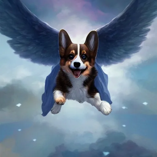 Image similar to corgi with [ angelic wings ]!!, [ flying like a superhero ]!! in the [ night sky ]!! where the stars are visibly perceptible, [ realistic photo ]!!, [ illustrated by greg rutkowski ]!!, trending on artstation