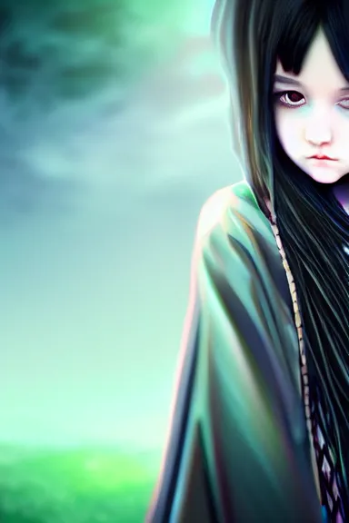 Image similar to mysterious girl child with her long black hair dressed in a chequered robe anime art style, big green diamond on her hand, digital art, hd, 4 k, hyper detailed